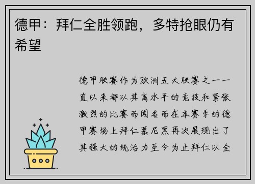 德甲：拜仁全胜领跑，多特抢眼仍有希望