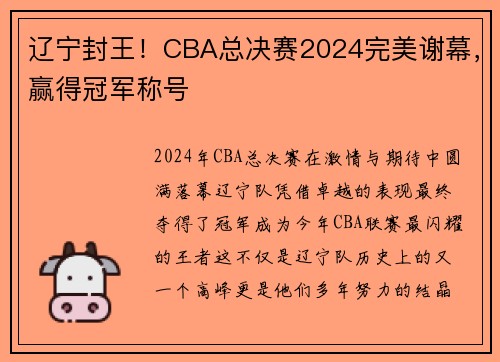 辽宁封王！CBA总决赛2024完美谢幕，赢得冠军称号